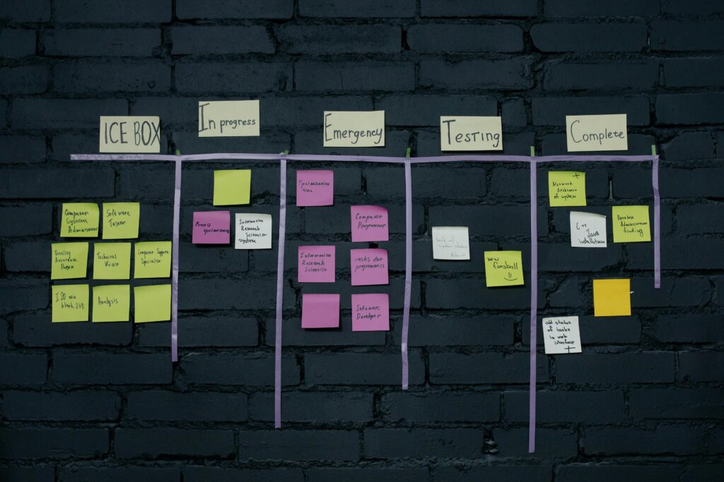 Organized kanban board with sticky notes, showing workflow planning inspired by the Best Prompt Templates for Sales.